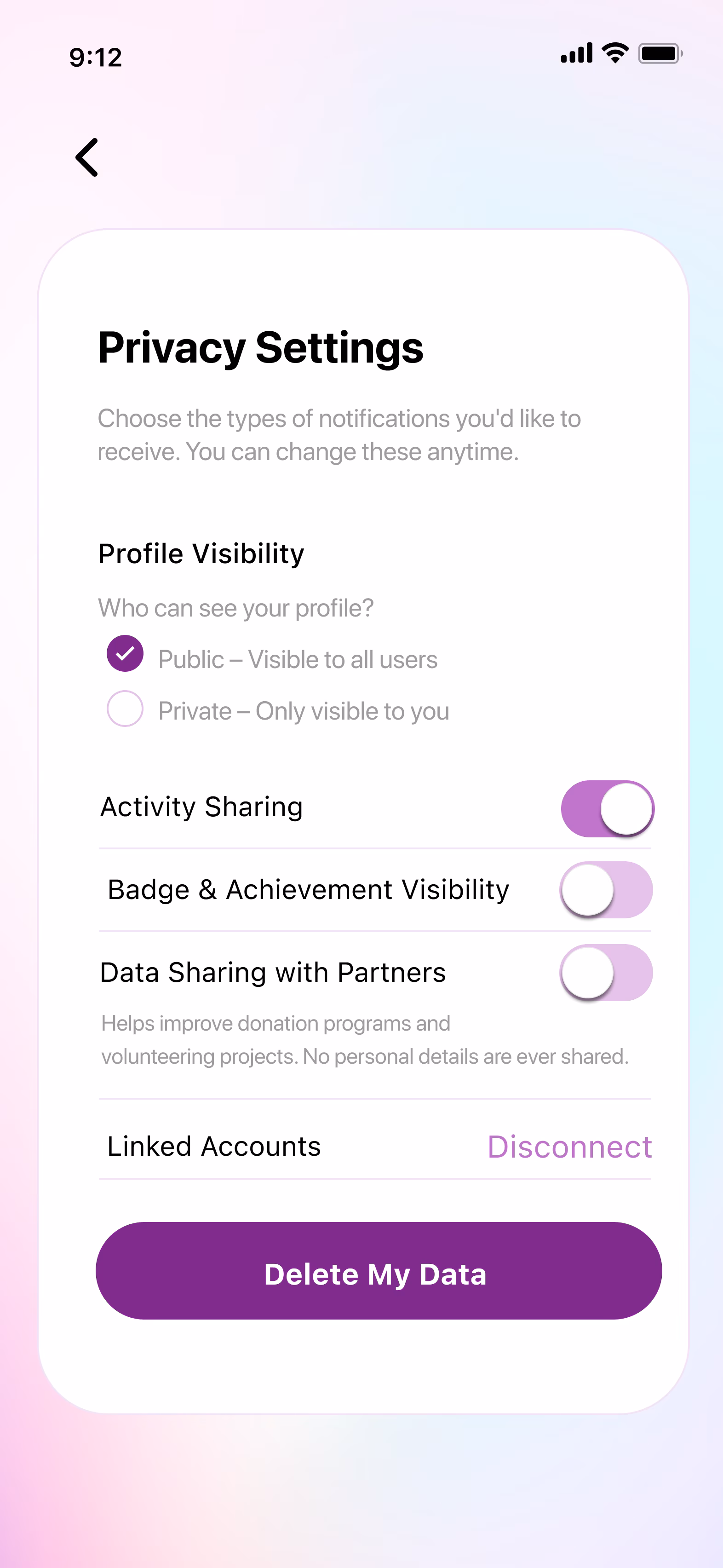 Daily Angel privacy settings screen